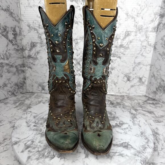 Stetson Thunderbird Studded Eagle Boot Size 7.5 Western Brown Turquoise Leather - Picture 2 of 11
